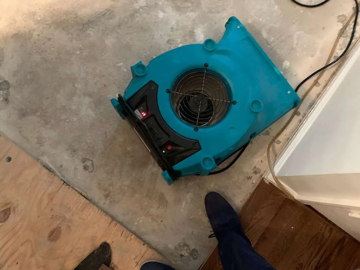 Air mover drying subfloor during Leak Detection & Repair in Antrim